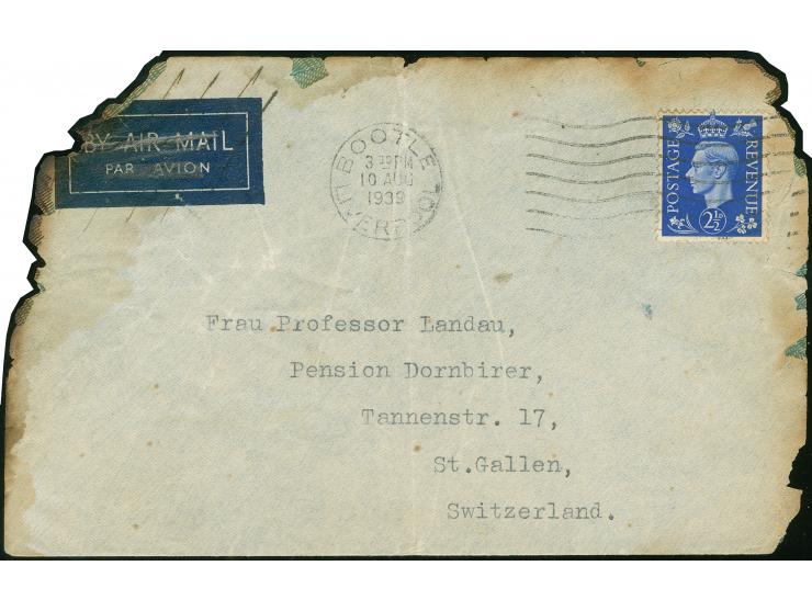 1939 (Aug 10): Crash Mail cover and content addressed from Bootle/Liverpool to St.Gallen, carried on flight from London to Zu