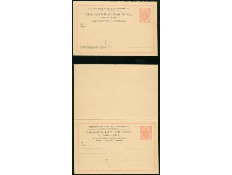 1891/92, Antwort-Postkarte 5 Kr. Doppeladler, zwei ungebrauchte Karten, einer mit Druckzufälligkeit ‘HEIZEGOVINE’, sehr saube