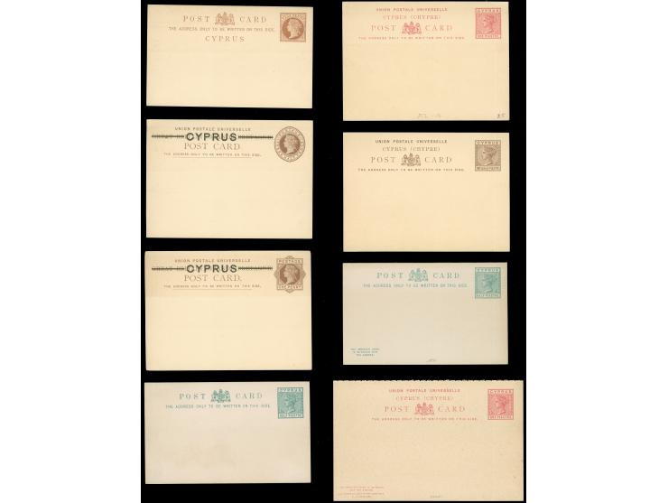 1880/92, Set of 9 early postal stationery cards, including three answering cards, all unused, tiny paper adhesives on reverse