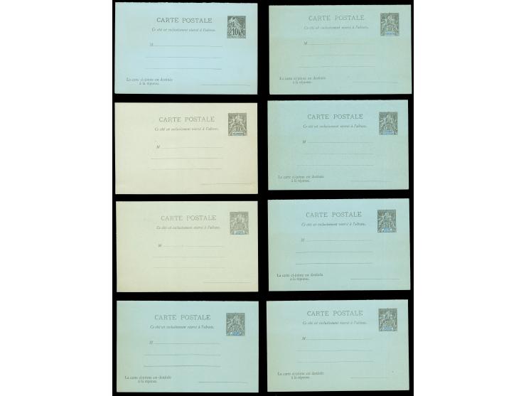 1892, Allegory set of 13 complete postal stationery answering cards, including Mayotte, Reunion, Martinique, Guinee, Congo, B