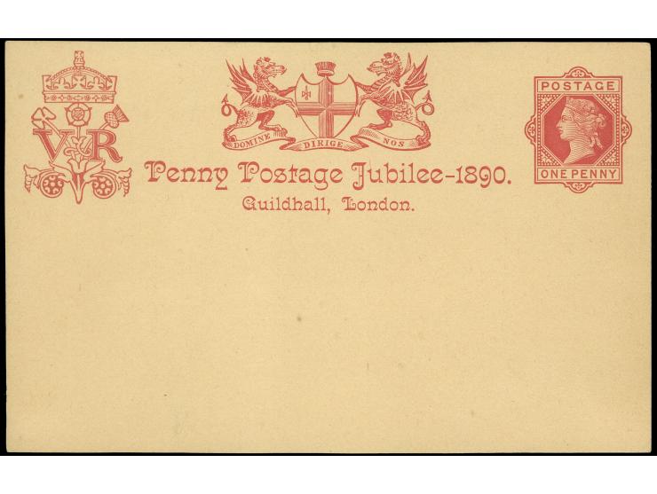 1890, Penny Postage Jubilee 1 d. carmine postal stationery card unused, tiny hinge remains on reverse, otherwise fine.

