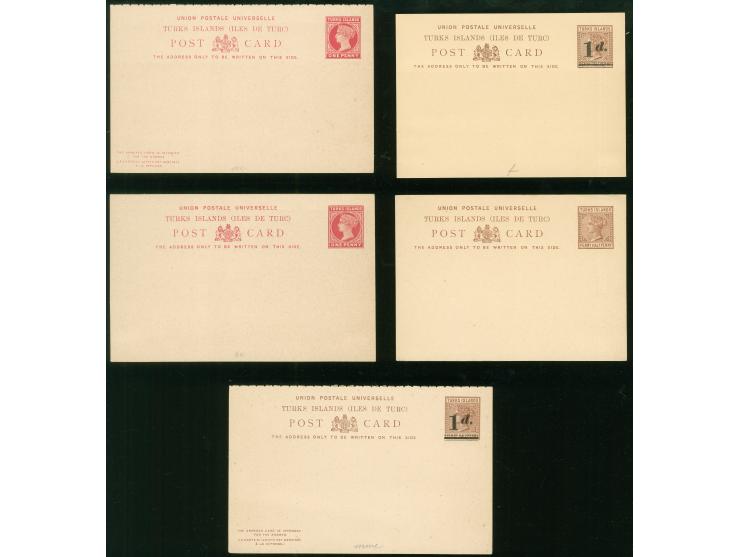 1881/93, QV 5 postal stationery cards including 1 d. on 1½ d.+ 1 d. on 1½ d. reddish-brown complete answering card, all unuse