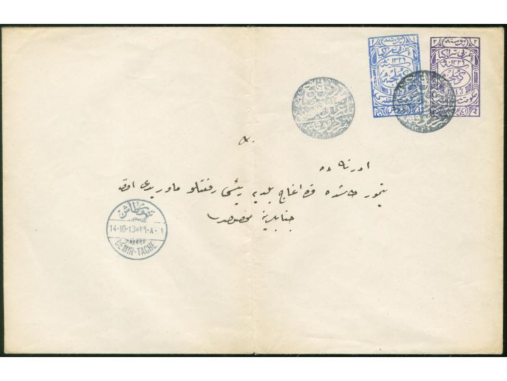 1913, 1 Pia. violet and 2 Pia. blue postal stationery envelope, large size, cancelled all arabic negative "DEDEAGAC TELGRAF V