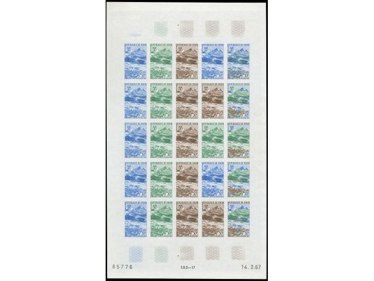 1967, Olympic City Grenoble, Niger complete set of four values in 4 imperforated colour proofs, each in sheets of 25 with mar