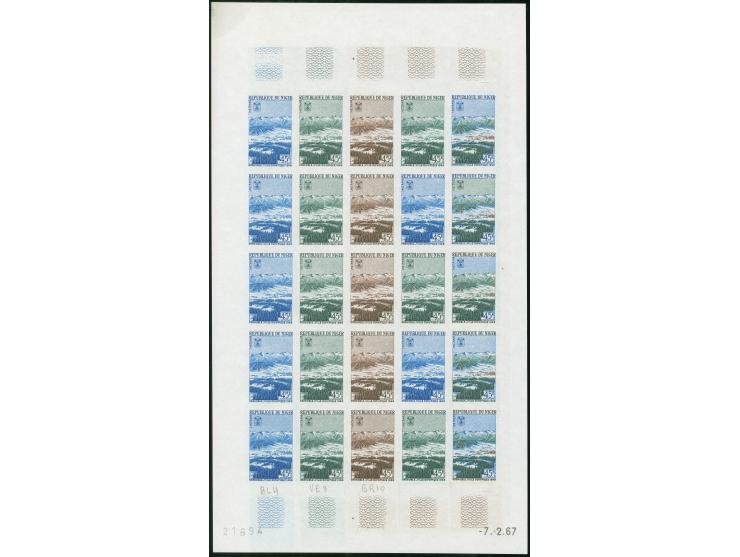 1967, Olympic City Grenoble, Niger complete set of four values in 4 imperforated colour proofs, each in sheets of 25 with mar