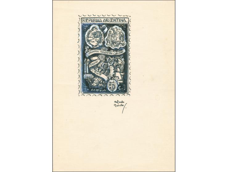 1947, Unadopted Essay “Tratado Argentino Chileno Enero 1947” painting (14x8 cm) signed by Alfredo Geredo on ‘Dalila’ watermar