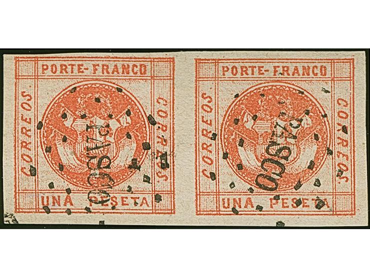 1858, 2nd issue 1 d. blue and 3rd issue 1 p. red (Background worn), each in horizontal pair with dotted “PASCO”, vf
