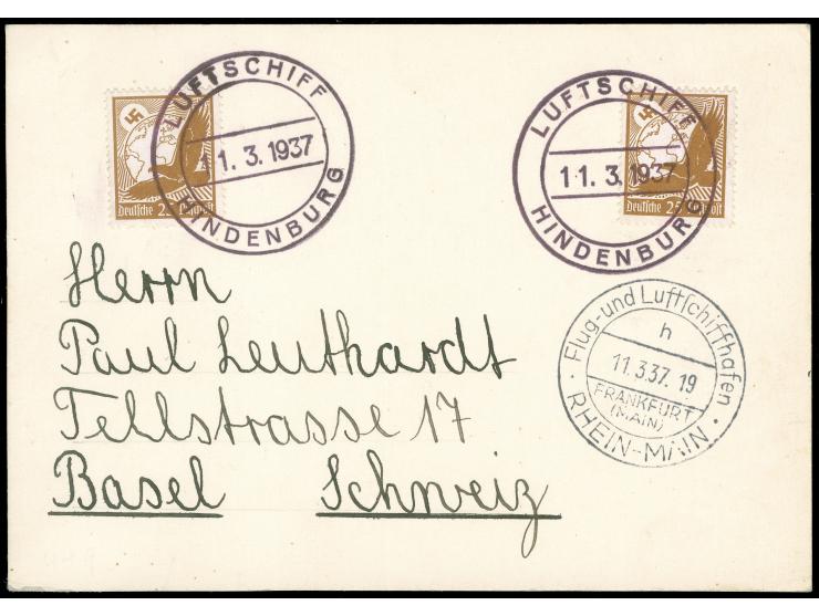1937, Rundfahrt Frankfurt-Moorfelden-Frankfurt 1937, LZ 129 Hindenburg, Bordpost 11.3., Karte mit 2x25 Pfg Steinadler in MeF,