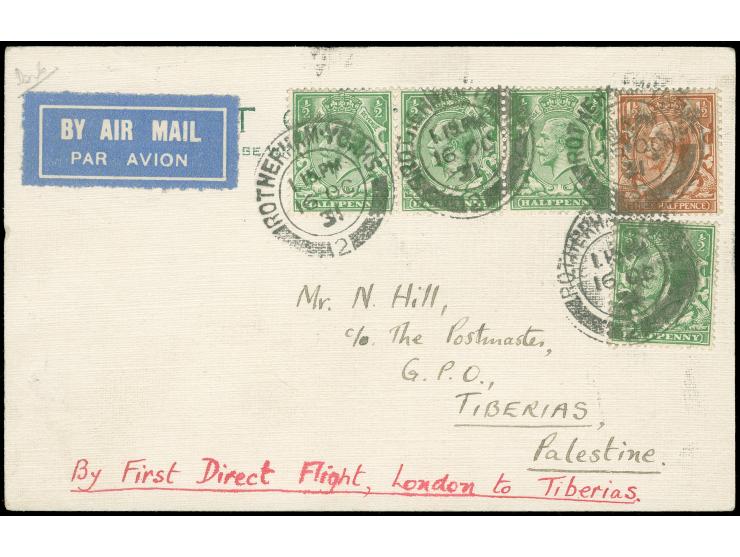 1931, KGV 1½ d. brown and 4x ½ d. green tied to airmail cover by ROTHERHAM 16.10.31 to Tiberias / Palestine with red ms. ´By 