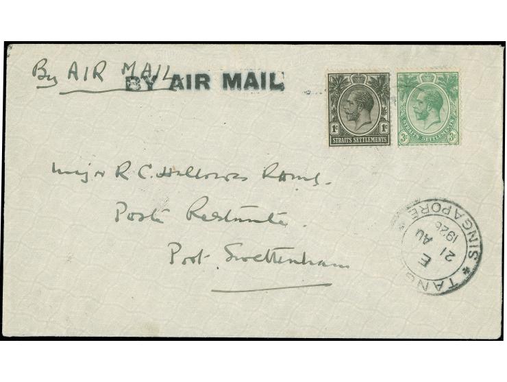 1926, First Flight Singapore - Kuala Lumpur - Pelabohan Kelang (Aug 21), 1 c. black and 3 c. green, tied by Singapore cds. to
