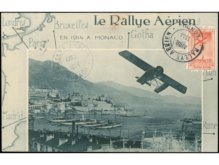 1914, Le Rallye Aérien, stage London, photo card Seaplane over Monaco with semi-official airmail stamp and airmail postmark R