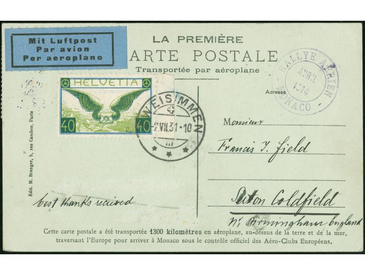 1914, Le Rallye Aérien, stage Monaco, photo card Seaplane over Monaco, violet postmark RALLYE AERIEN MONACO Avril 1914; with 