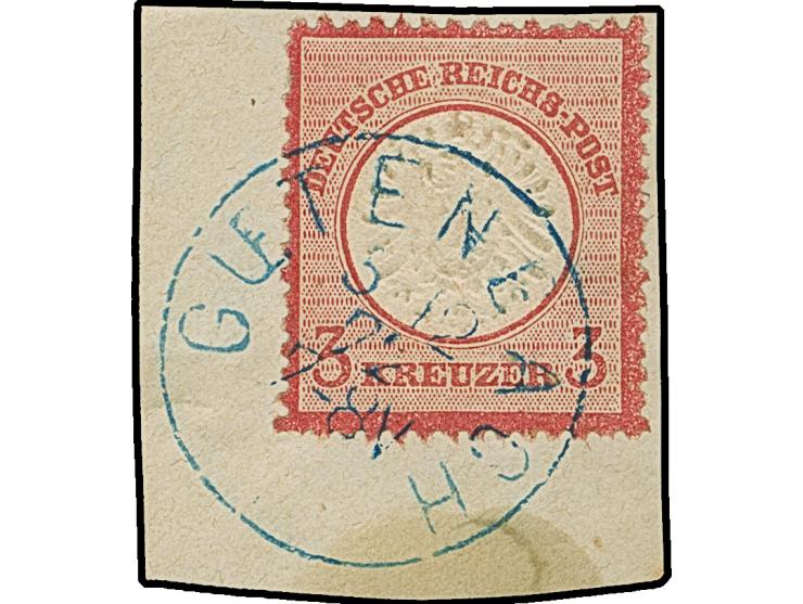 3 Kr. karmin mit blauem, badischen Agentur-Stempel “GUETENBACH 3.12.72” auf Briefstück. Die farbfrische Marke ist erkennbar g