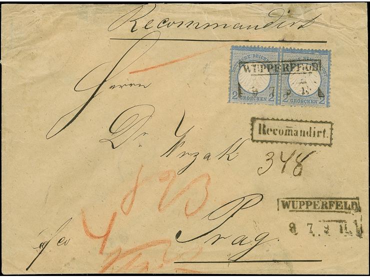 2 Gr. grauultramarin im waagerechten Paar mit aptiertem Bahnpost-Rahmenstempel “WUPPERFELD 9.7.” auf R-Briefkuvert nach Prag 
