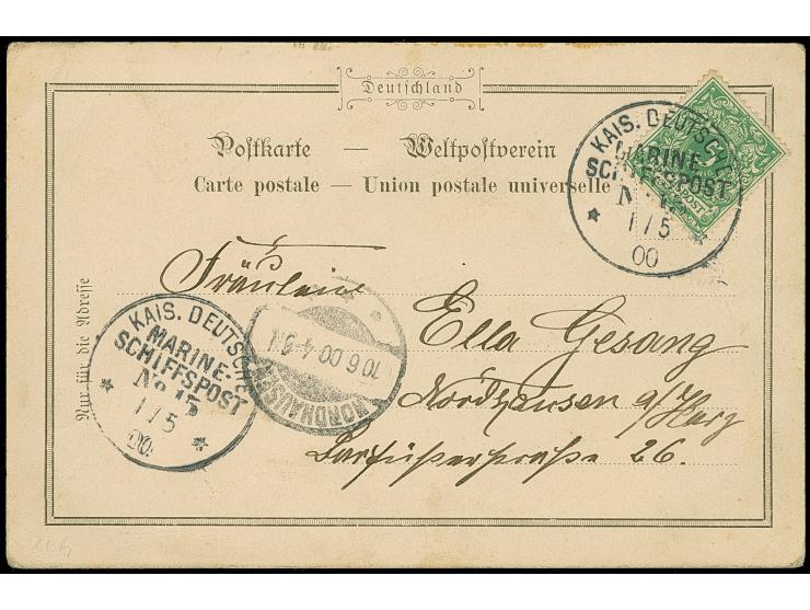 Marineschiffspost: “MSP No. 15 1.5.00” (SMS Kaiserin Agusta) klar auf Krone/Adler 5 Pfg. auf Ansichtskarte “Gruss aus Deutsch