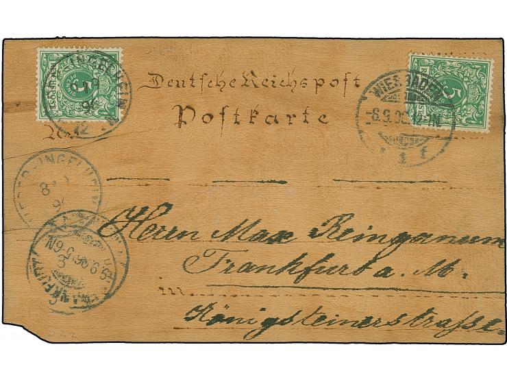 Krone/Adler 5 Pfg. mit Stempel “NIEDER-INGELHEIM 6.9.96” und 2. Marke mit Stempel “WIESBADEN 8.9.00” auf Holzkarte “Holz vom 