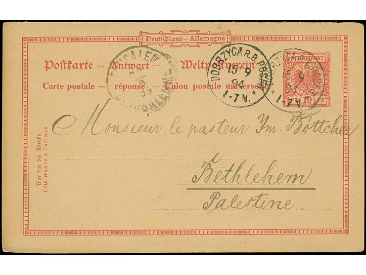 1894, Antwort-Karte Krone/Adler 10 Pfg, mit Stempel “DOBRZYCA RB. POSEN 15.9.94” mit viel Text via Jerusalem nach Bethelehem,