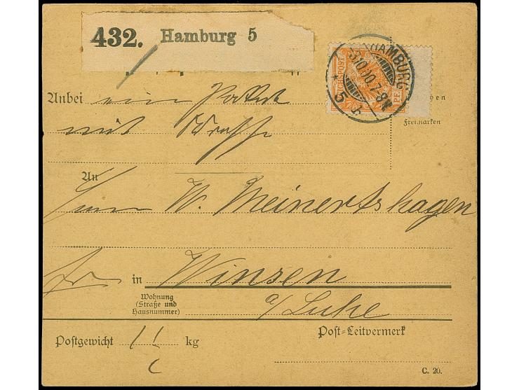 Krone/Adler 25 Pfg. mit Zwischensteg unten, mit Stempel “HAMBURG 5. 3.10.00” auf Paketkarten-Stammteil nach Winsen mit Ankunf