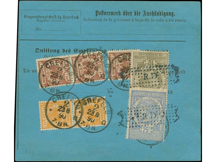 Krone/Adler 25 Pfg. gelborange im senkrechten Paar und 50 Pfg. lilabraun im senkrechten Paar und Einzelwert sowie im waagerec