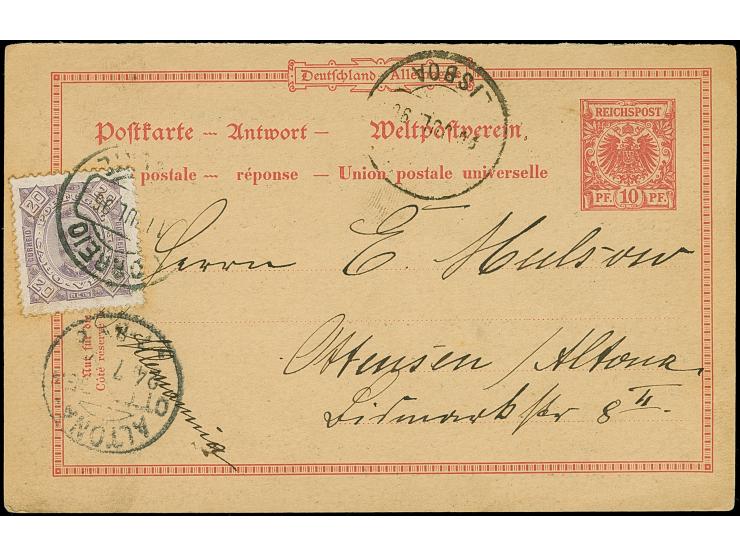 1896, Antwort-Karte Krone/Adler 10 Pfg. mit Zufrankatur Kap Verde 20 R. lila mit Stempel “S.VINCENTE11.JUL96” und viel Text n