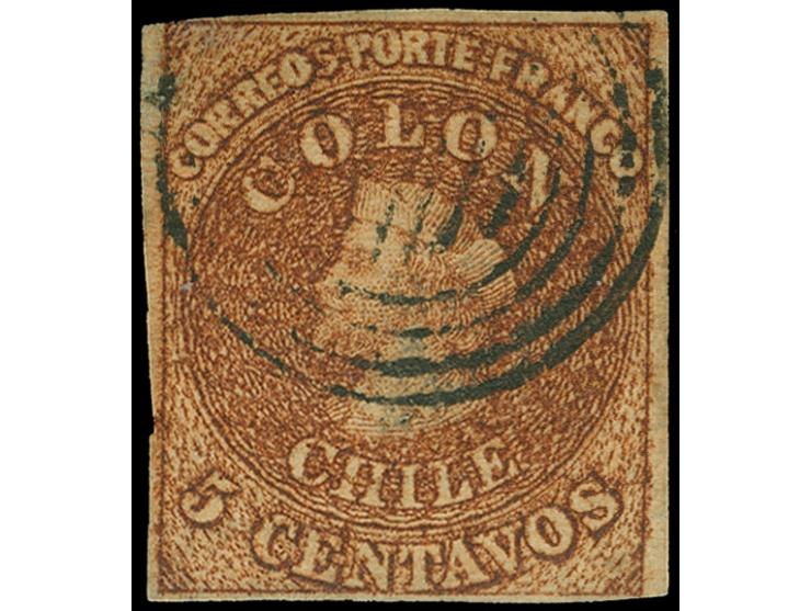 1854, 5 c. siena, second Chilean printing by Gillet, full to wide margins, closed on top left, otherwise fine, cert. Maier BP