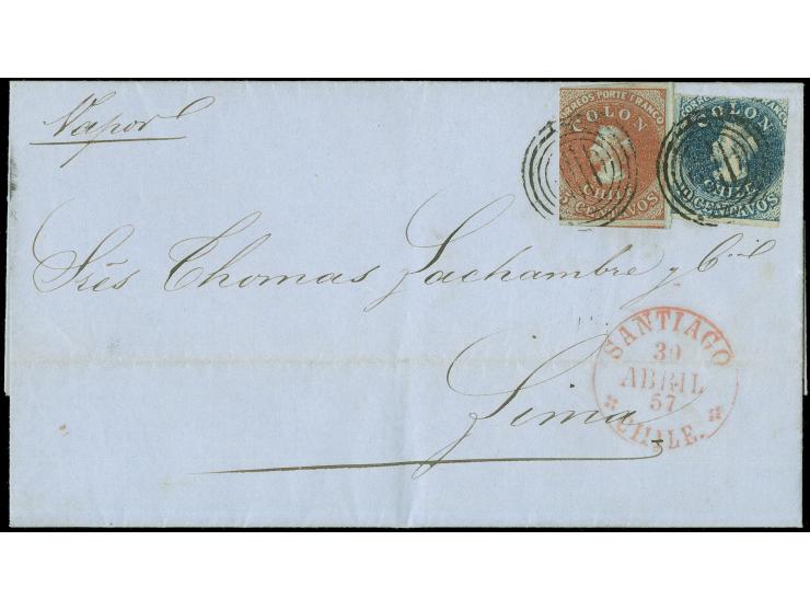 1855, 2nd London printing 5 centavos brown-red on bluish with 1856, 10 centavos blue, both with full to large margins on two 