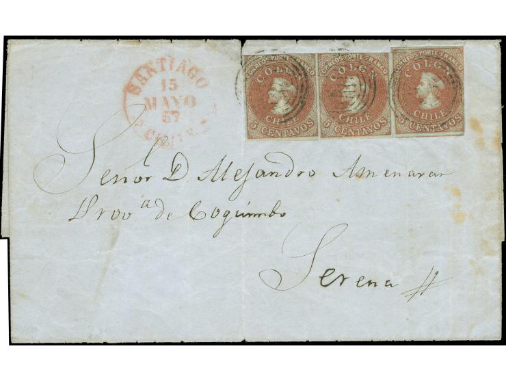 1857, 5 centavos brown-red on bluish in horizontal strip of 3, left stamps just touched at top, right stamp touched at right 