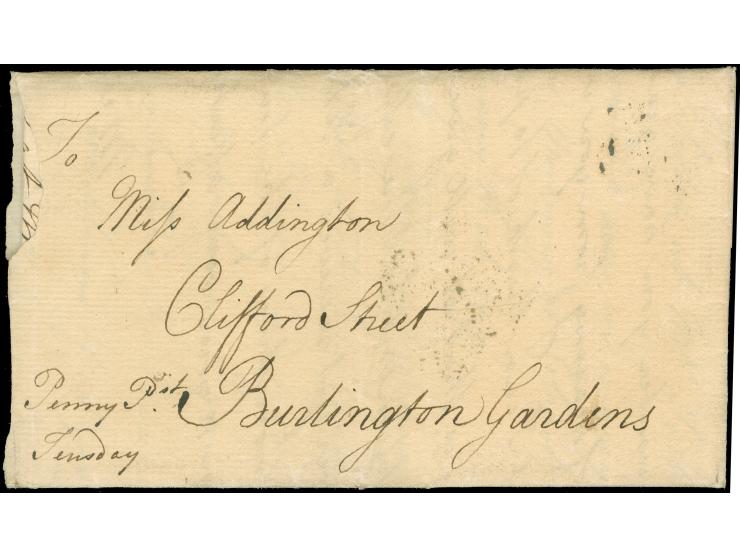 1768, folded envelope from Temple with triangle “PAYD / PENY / POST / TU” in black on reverse and “O' CLOCK 7 W” alongside, a