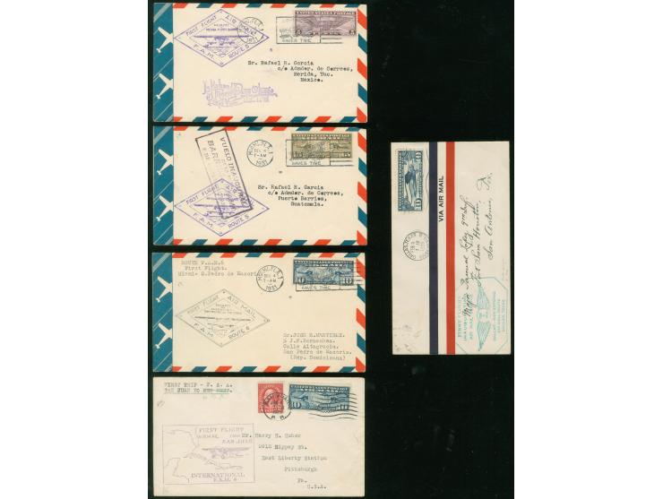 1928/31, Five First Flight covers American Clipper to Mexico, Guatemala, Rep. Dominicana, including FF Dallas-San Antonio, FF