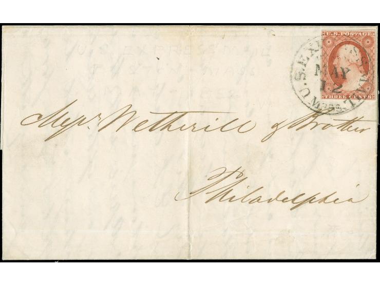 

1851, U.S. Express Mail Boston Mass. 3 Cent, ample to large margins, well tied by "U.S. Express Mail Boston Mass. May 12" c