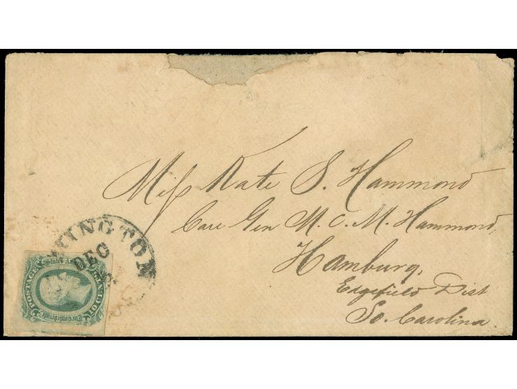 1863, 10 c. blue, wide margins, with part of left stamp, tied to cover by clear ‘FARMINGTON DEC/2’ cds., addressed to Wife of
