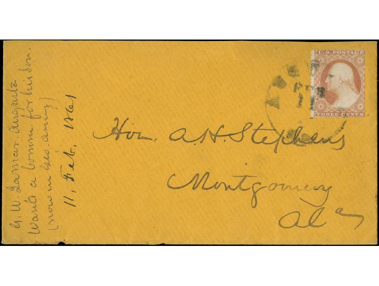 1861, 3 c. orange-brown G. Washington tied to yellow envelope by AUGUSTA FEB/11 cds. to cover, at left ms. ‘G.W. Lamar August