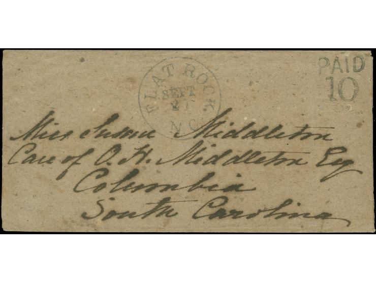 1863, Flat Rock, N.C. Sept/27, neat cds. with handstamped ‘Paid 10’ on cover of the Middleton correspondence, on reverse ms. 