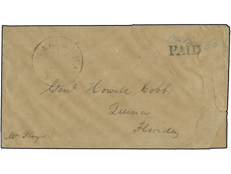 MARIANNA FL. and "PAID" bold type with ms. "30" alongside on stampless cover, rough opened at right and few crease, addressed