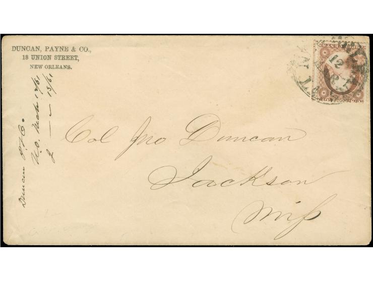 1861, New Orleans La. 12/Mar, partly clear strike of circular datestamp ties 3 c. dull red, on Duncan, Payne &amp; Co. New Or