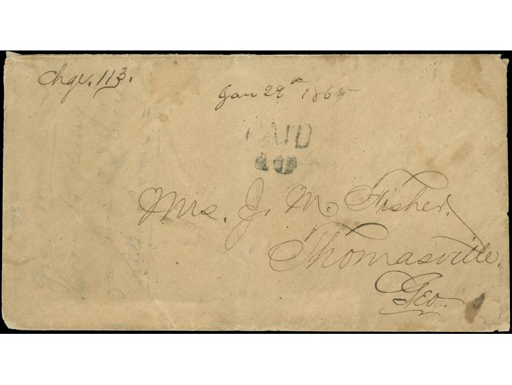 1865, handstamped ´PAID/10´, on cover from Lake City Fla. to Thomasville, Ga.; manuscript date ´Jan 29 1865´; addressed to Ms