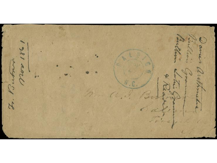 1861, Raleigh Paid 5 cent red, poor provisional handstamp with blue ´Raleigh N.C./Nov 21´ cds. on cover to Salem, N.C., minor