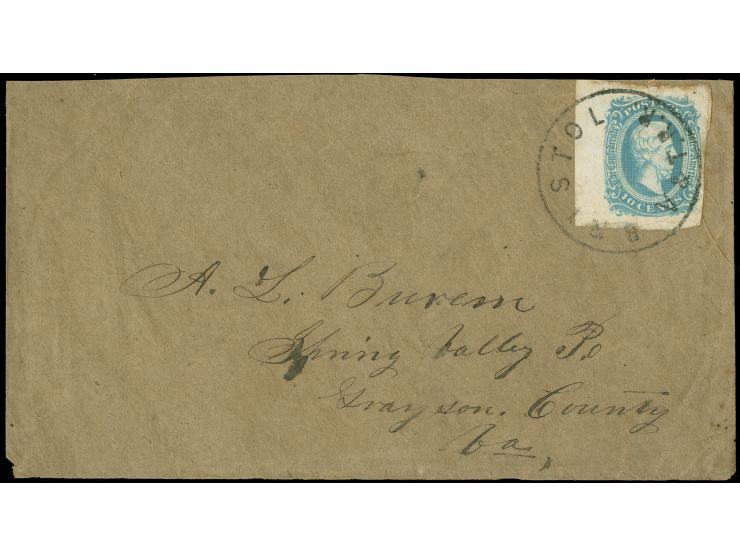 1863, 10 cent blue, left sheet margin, rough separated at right, tied by ´Bristol V. &amp; T. R.R.´ dateless  Virginia and Te