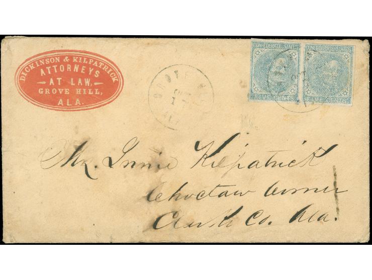 1862, Dickinson &amp; Kilpatrick, Attorneys At Law, red embossed oval cameo corner card on buff cover bearing 1862 pair 5 cen