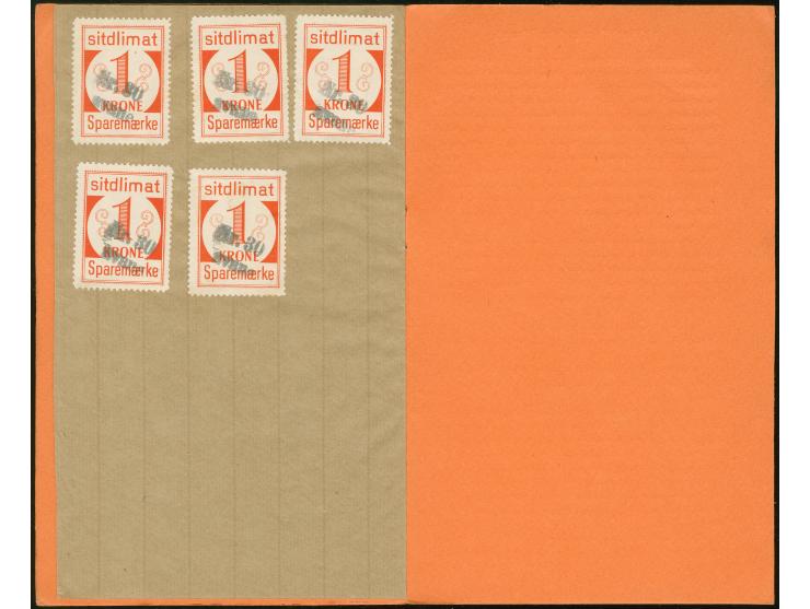 1950, Greenland Savings Book with orange cover (rare type) containing 28 large-numeral postal saving stamps 25 øre deep blue 