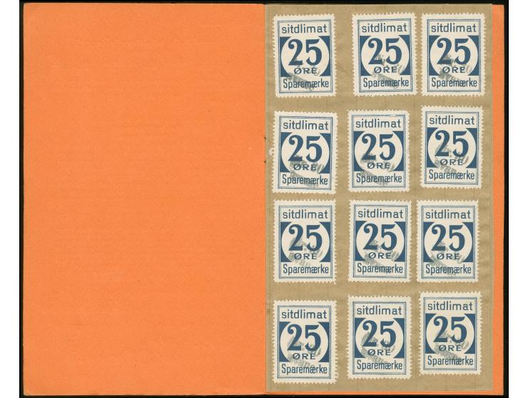 1950, Greenland Savings Book with orange cover (rare type) containing 28 large-numeral postal saving stamps 25 øre deep blue 