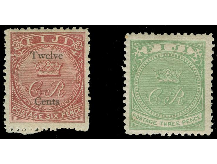 1871/72, 3 d. pale yellow-green and ‘Twelfe Cents’ on 6 d. carmine-rose, good perforationes, unused pair, fine.