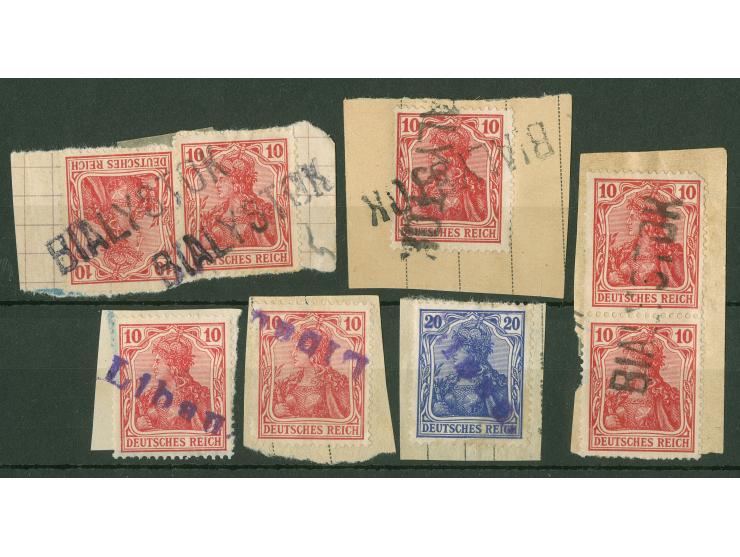 1916/19, Germania 10 Pfg auf drei kleinen Briefstücken mit Telegrammstempel L1 BIALYSTOK, dazu drei Briefstücke mit Stempel L