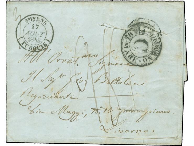 1848, entire folded letter from Rhodos, cancelled “SMYRNE 17.Aout.1848” cds., “Livorno Via di Mare C" in black and rate ”28" 