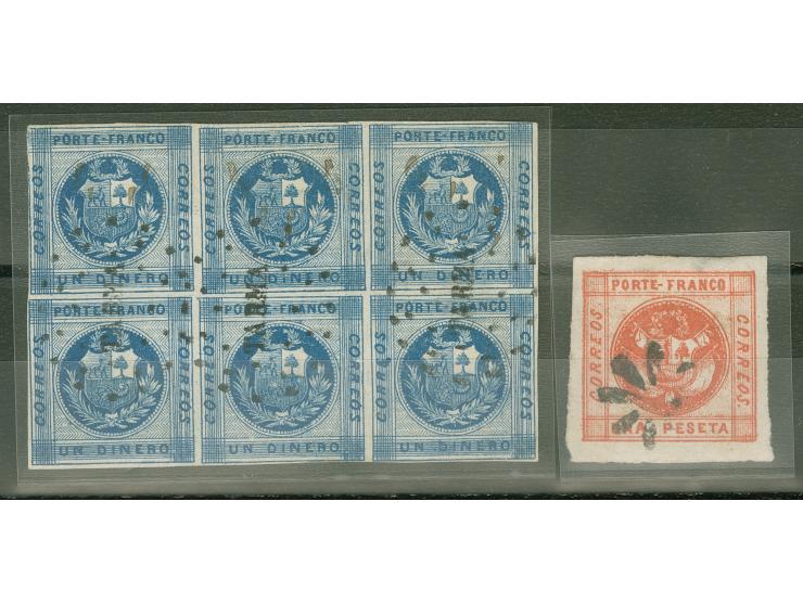 1860/61, 1 d. blue in a block of six cancelled by dotted TARMA handstamp in black, plus 1  p. brick red worn plate cancelled,