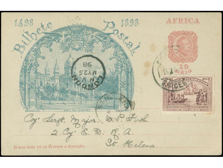 1898, Portuguese Africa 10 r. rose illustrated card, Igreja dos Jeronymos, up-rated with 1898 10 r. violet mailed from S. Vic