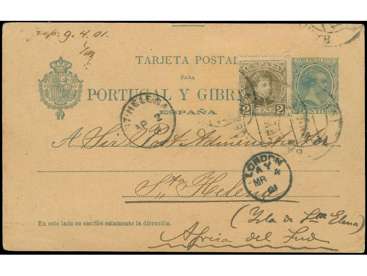 1902, 5 c. card up-rated with Cadet 2 c. mailed from Barcelona via London to St. Helena, a scarce destination.
