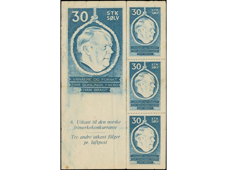 Britische Propagandafälschungen für Norwegen: 1941, Quisling im Galgenstrick, große und 3 kleine Vignetten (senkrechte Zähnun