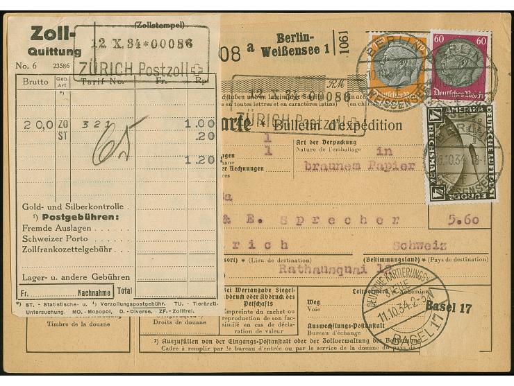 1933, Chicagofahrt 4 M. mit Zufrankatur auf kompletter Paketkarte von "BERLIN WEISSENSEE 11.10.34" nach Zürich. Einwandfrei. 