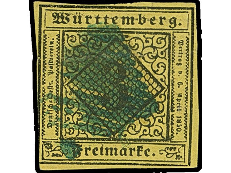 Tuttlingen, enger quadratischer Strichstempel, praktisch komplett abgeschlagen auf 3 Kr. auf hellgelb, teils berührt. Fotobef